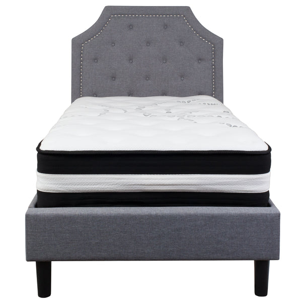 Light Gray,Twin |#| Twin Size Arched Tufted Lt Gray Fabric Platform Bed with Pocket Spring Mattress