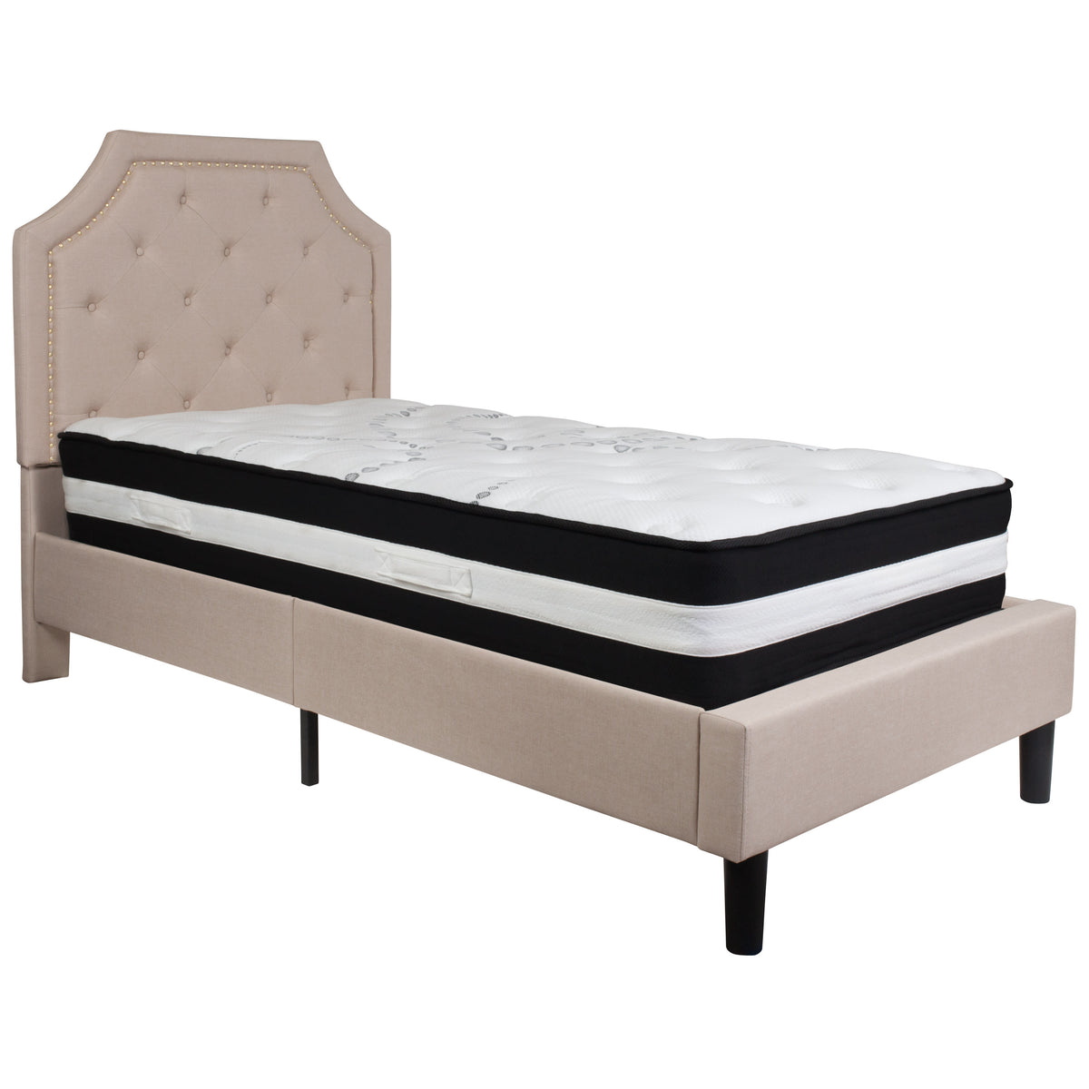 Beige,Twin |#| Twin Size Arched Tufted Beige Fabric Platform Bed with Pocket Spring Mattress