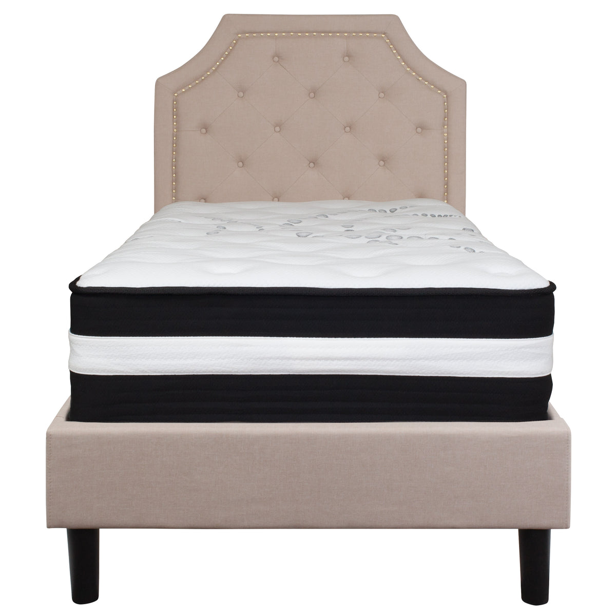 Beige,Twin |#| Twin Size Arched Tufted Beige Fabric Platform Bed with Pocket Spring Mattress