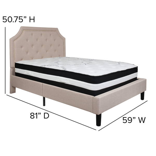 Beige,Full |#| Full Size Arched Tufted Beige Fabric Platform Bed with Pocket Spring Mattress