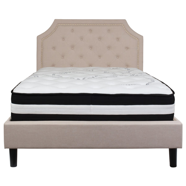 Beige,Full |#| Full Size Arched Tufted Beige Fabric Platform Bed with Pocket Spring Mattress