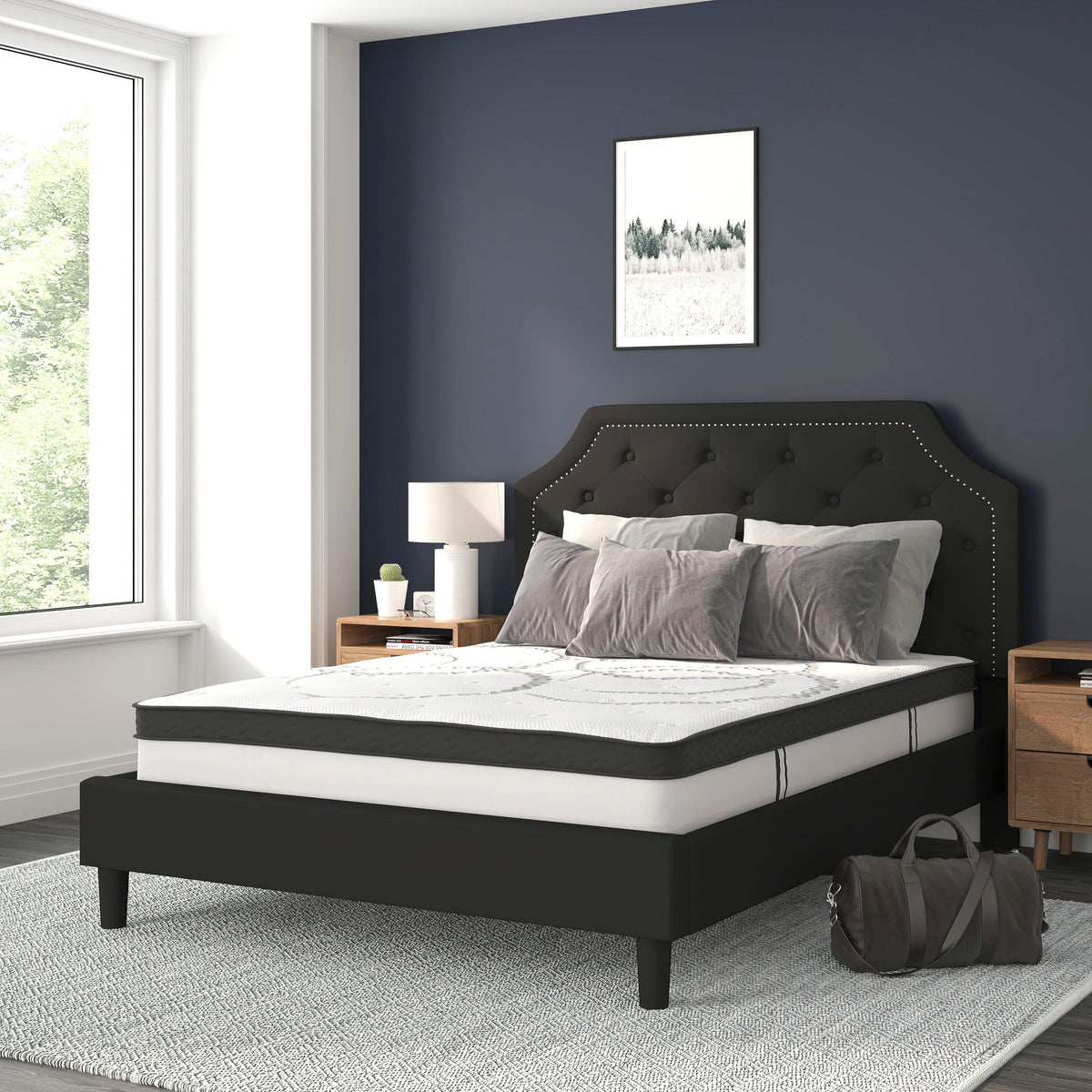 Black,Queen |#| Queen Tufted Platform Bed in Black Fabric with 10 Inch Pocket Spring Mattress