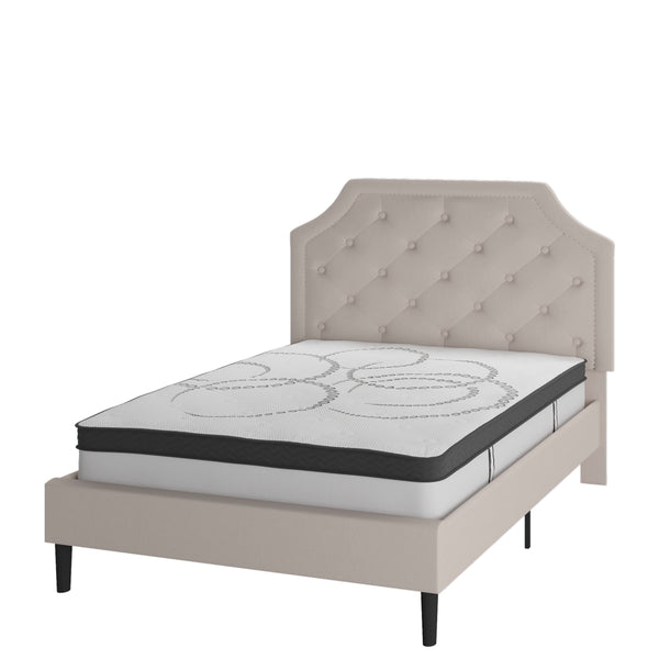 Beige,Full |#| Full Tufted Platform Bed in Beige Fabric with 10 Inch Pocket Spring Mattress