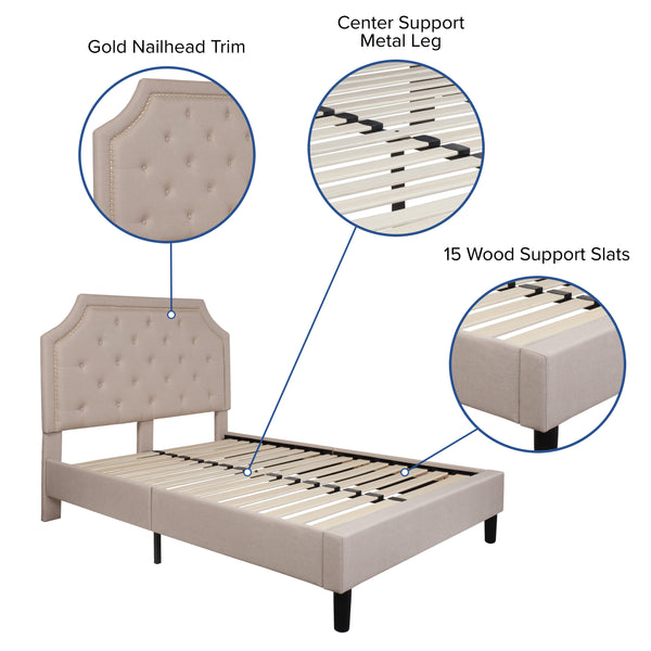 Beige,Full |#| Full Tufted Platform Bed in Beige Fabric with 10 Inch Pocket Spring Mattress