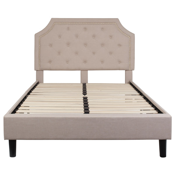 Beige,Full |#| Full Tufted Platform Bed in Beige Fabric with 10 Inch Pocket Spring Mattress