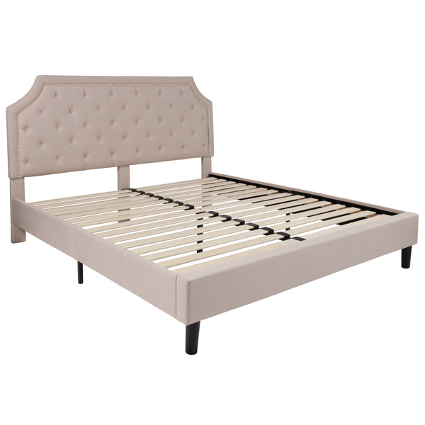 Beige,King |#| King Tufted Platform Bed in Beige Fabric with 10 Inch Pocket Spring Mattress