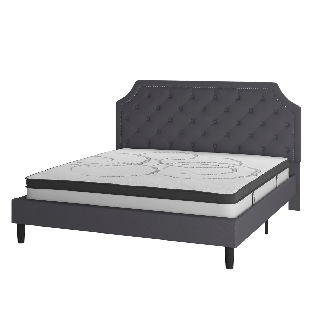 Dark Gray,King |#| King Tufted Platform Bed in Dark Gray Fabric with 10 Inch Pocket Spring Mattress