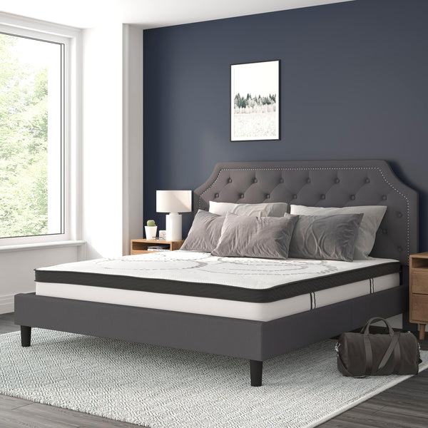 Dark Gray,King |#| King Tufted Platform Bed in Dark Gray Fabric with 10 Inch Pocket Spring Mattress