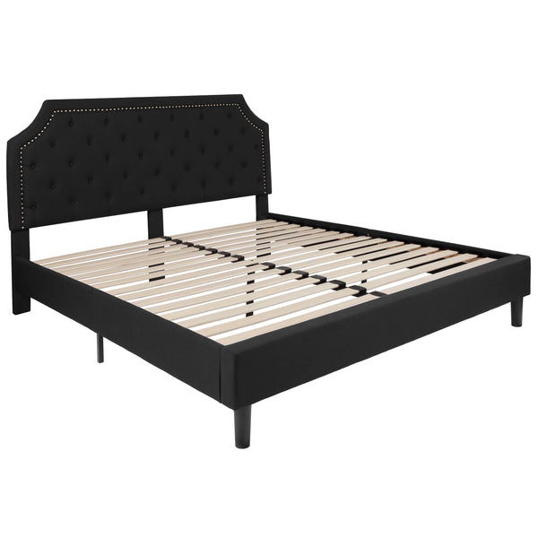 Black,King |#| King Tufted Platform Bed in Black Fabric with 10 Inch Pocket Spring Mattress