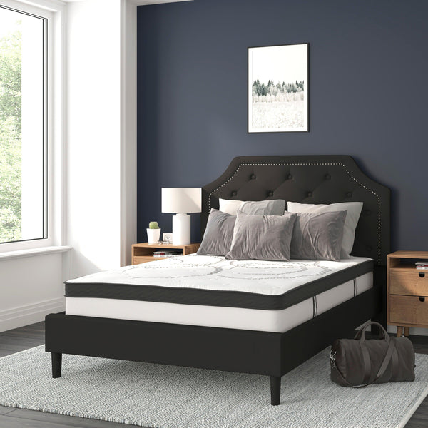 Black,Full |#| Full Tufted Platform Bed in Black Fabric with 10 Inch Pocket Spring Mattress