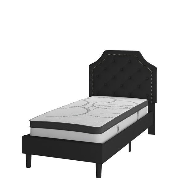 Black,Twin |#| Twin Tufted Platform Bed in Black Fabric with 10 Inch Pocket Spring Mattress