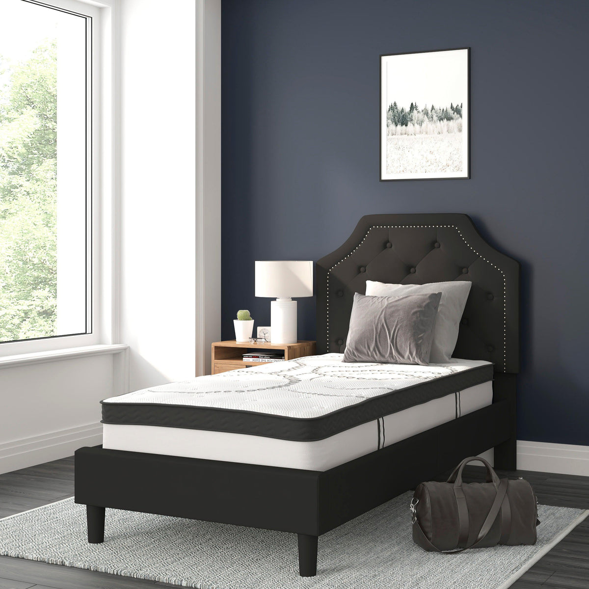 Black,Twin |#| Twin Tufted Platform Bed in Black Fabric with 10 Inch Pocket Spring Mattress