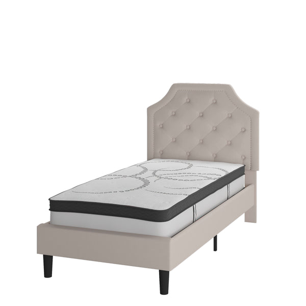 Beige,Twin |#| Twin Tufted Platform Bed in Beige Fabric with 10 Inch Pocket Spring Mattress