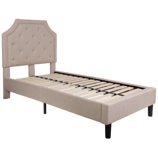 Beige,Twin |#| Twin Tufted Platform Bed in Beige Fabric with 10 Inch Pocket Spring Mattress