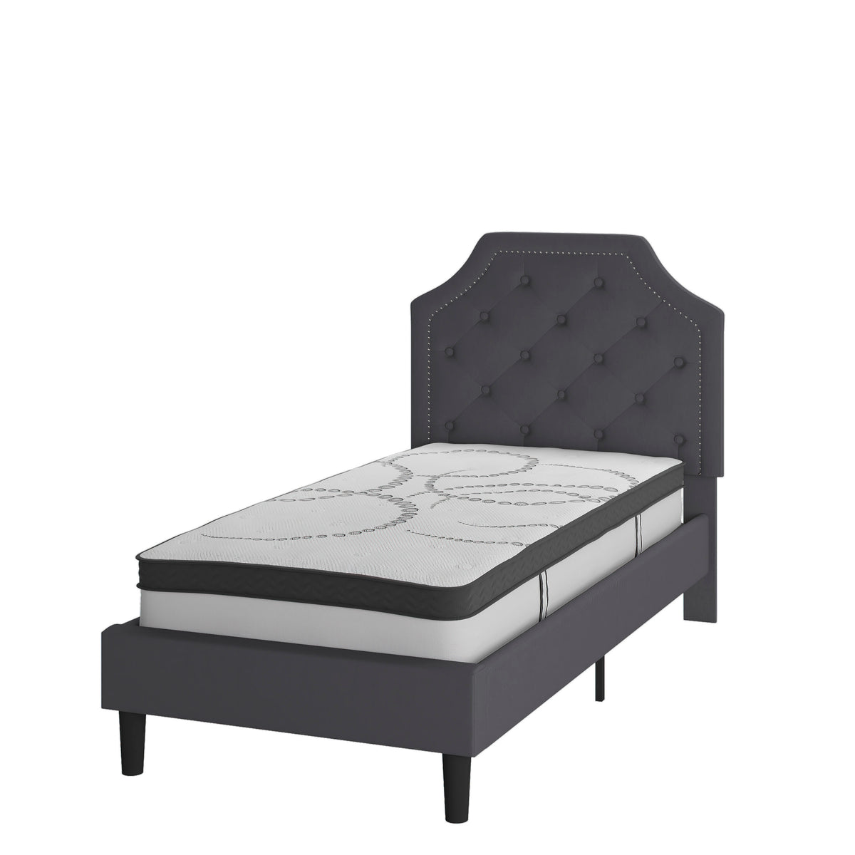 Dark Gray,Twin |#| Twin Tufted Platform Bed in Dark Gray Fabric with 10 Inch Pocket Spring Mattress