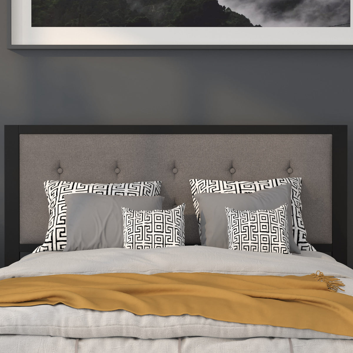 Dark Gray,Queen |#| Queen Size Upholstered Metal Panel Headboard in Tufted Dark Gray Fabric