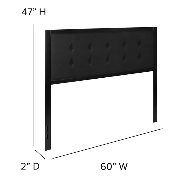 Black,Queen |#| Queen Size Upholstered Metal Panel Headboard in Tufted Black Fabric