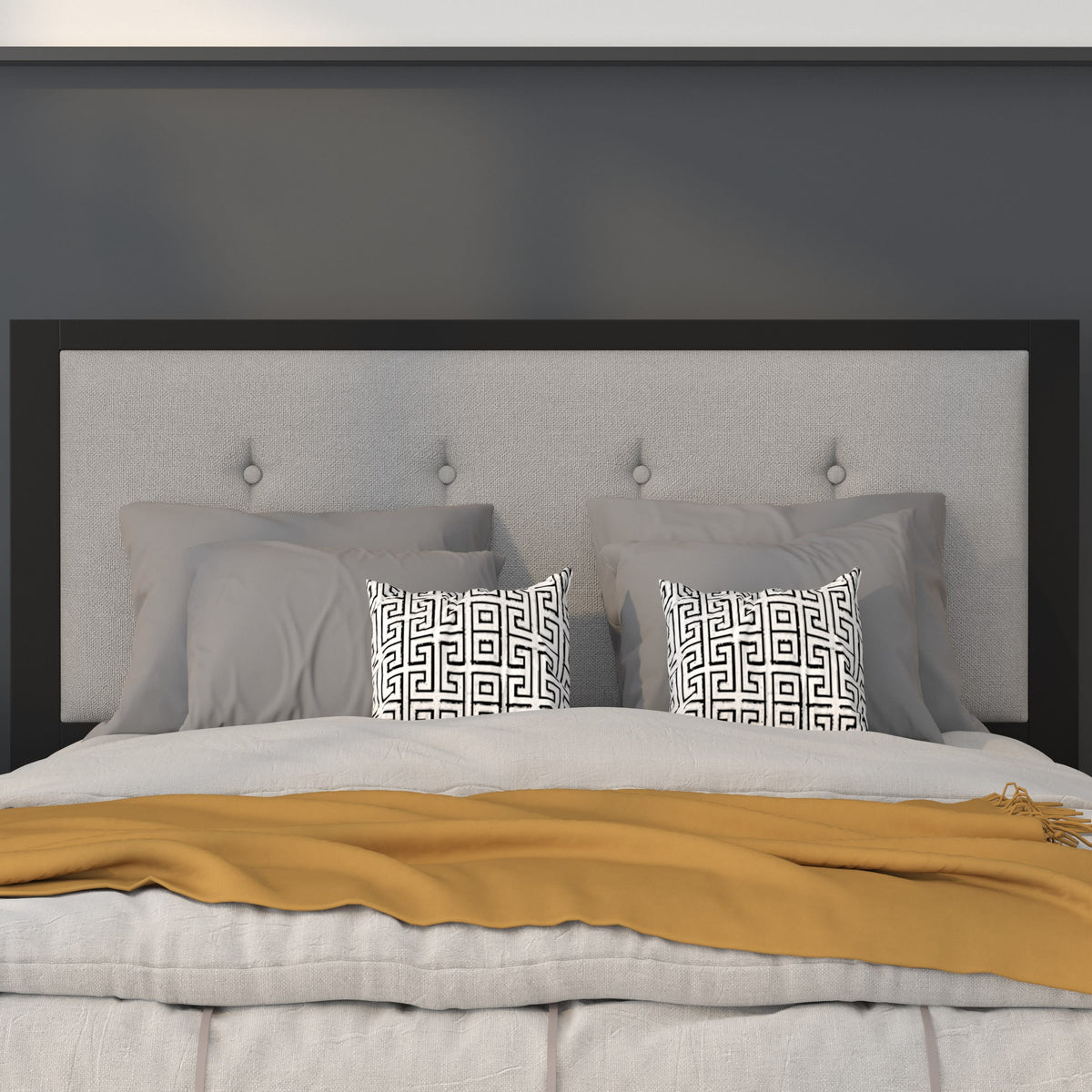 Light Gray,Full |#| Full Size Upholstered Metal Panel Headboard in Tufted Light Gray Fabric