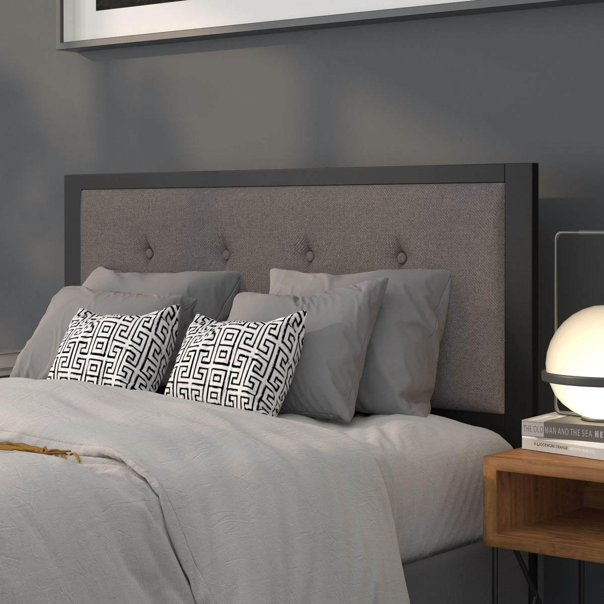 Dark Gray,Full |#| Full Size Upholstered Metal Panel Headboard in Tufted Dark Gray Fabric