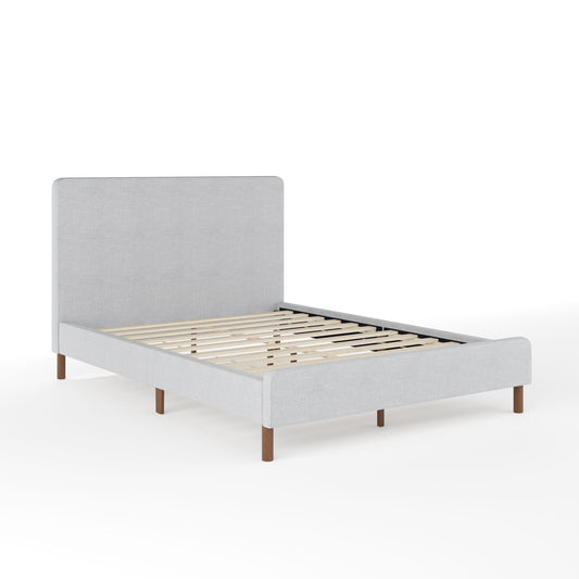 Britta Upholstered Platform Bed with Rounded Headboard, Piped Detailing and Cushioned Siderails, Wood Slat Bottom, No Box Spring Needed