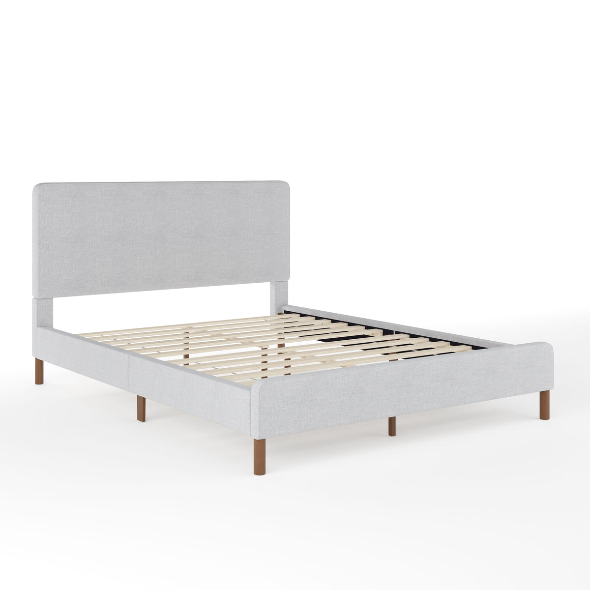 Gray Fabric/Walnut Legs,Queen |#| Faux Linen Upholstered Queen Size Platform Bed with Piped Headboard in Gray