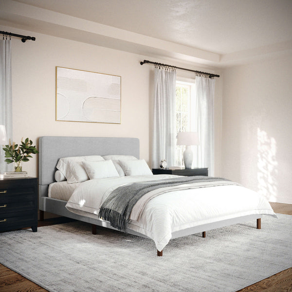 Gray Fabric/Walnut Legs,Queen |#| Faux Linen Upholstered Queen Size Platform Bed with Piped Headboard in Gray