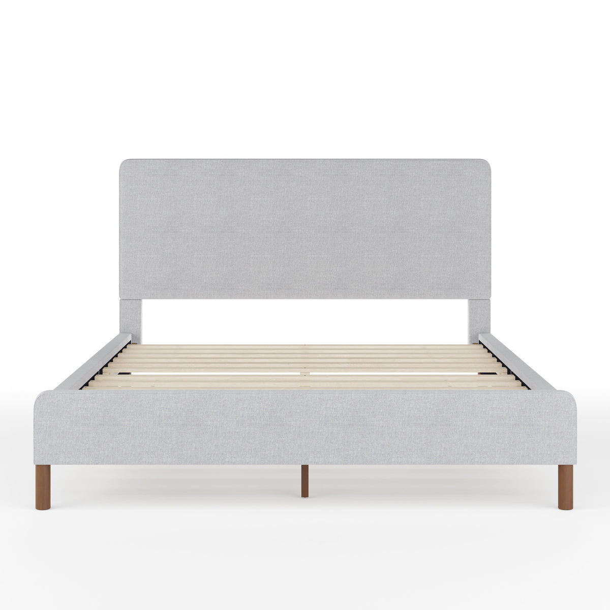 Gray Fabric/Walnut Legs,Queen |#| Faux Linen Upholstered Queen Size Platform Bed with Piped Headboard in Gray