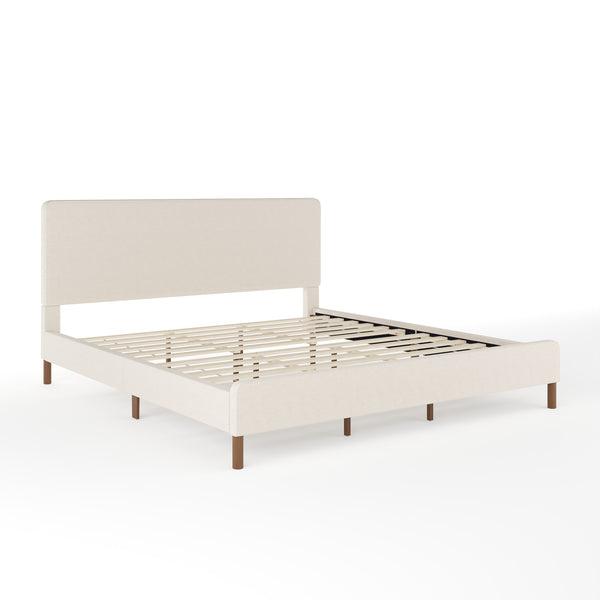 Beige Fabric/Walnut Legs,King |#| Faux Linen Upholstered King Size Platform Bed with Piped Headboard in Beige