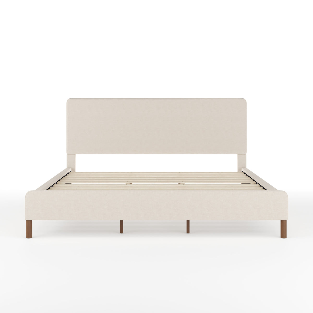 Beige Fabric/Walnut Legs,King |#| Faux Linen Upholstered King Size Platform Bed with Piped Headboard in Beige