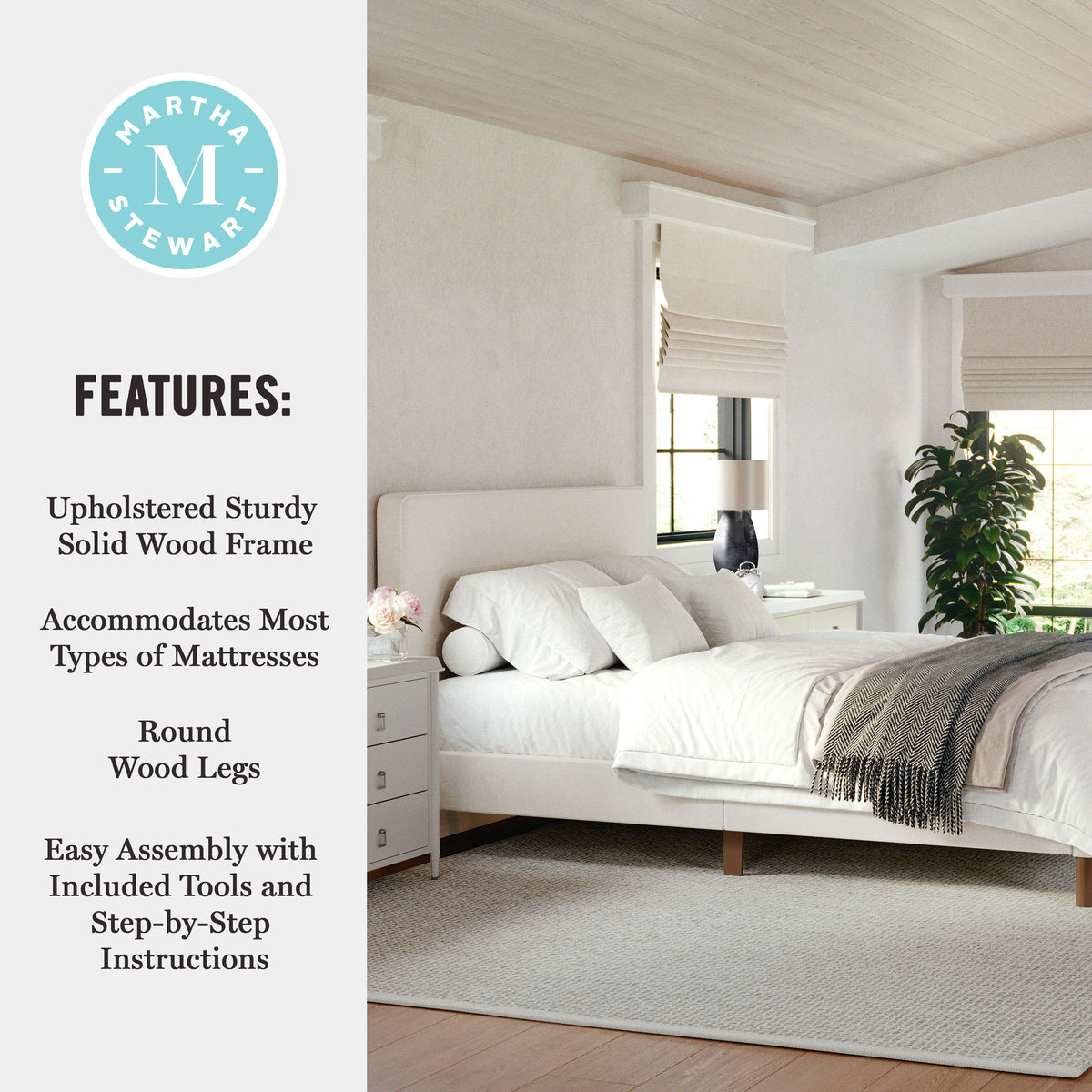 Beige Fabric/Walnut Legs,Queen |#| Faux Linen Upholstered Queen Size Platform Bed with Piped Headboard in Beige