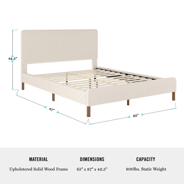 Beige Fabric/Walnut Legs,Queen |#| Faux Linen Upholstered Queen Size Platform Bed with Piped Headboard in Beige