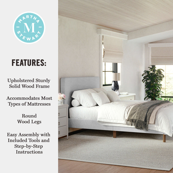 Gray Fabric/Walnut Legs,Full |#| Faux Linen Upholstered Full Size Platform Bed with Piped Headboard in Gray