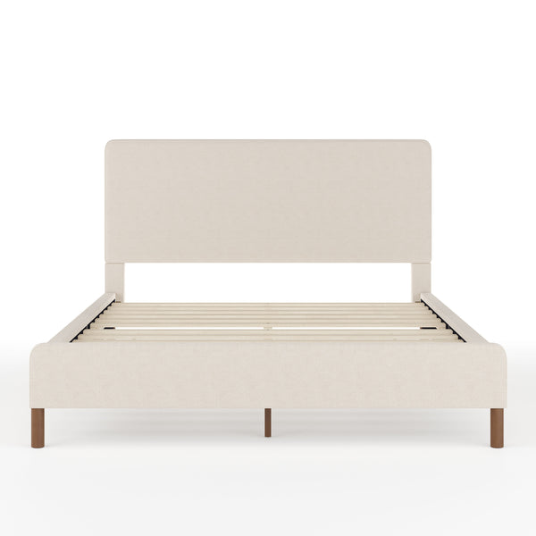 Beige Fabric/Walnut Legs,Queen |#| Faux Linen Upholstered Queen Size Platform Bed with Piped Headboard in Beige