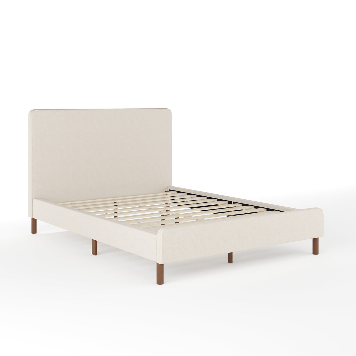 Beige Fabric/Walnut Legs,Full |#| Faux Linen Upholstered Full Size Platform Bed with Piped Headboard in Beige