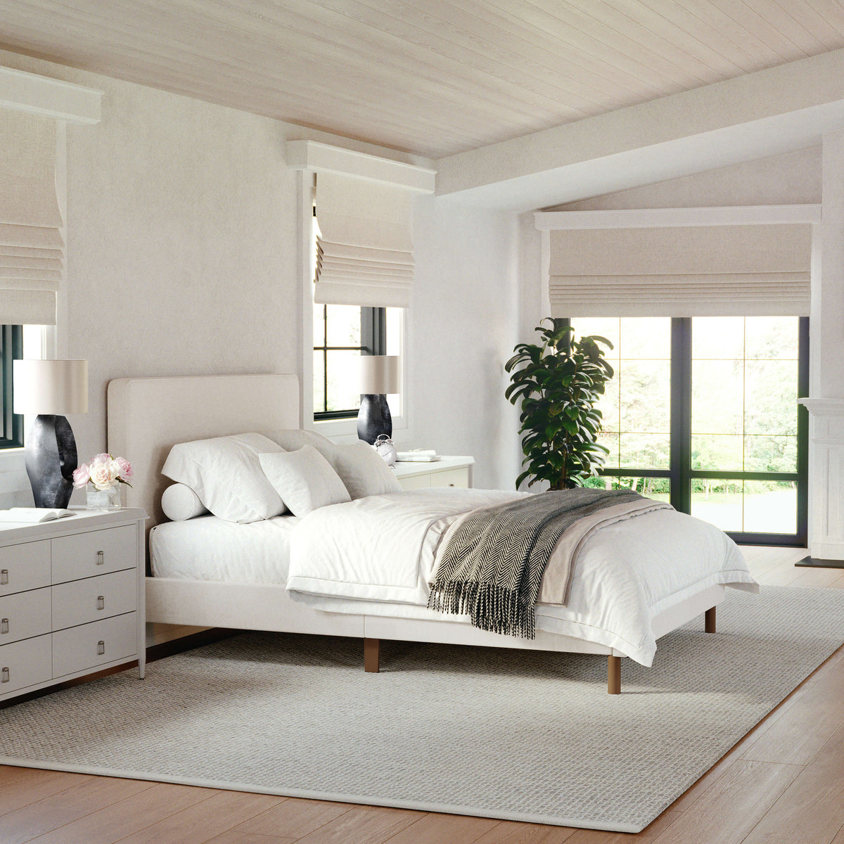 Beige Fabric/Walnut Legs,Full |#| Faux Linen Upholstered Full Size Platform Bed with Piped Headboard in Beige