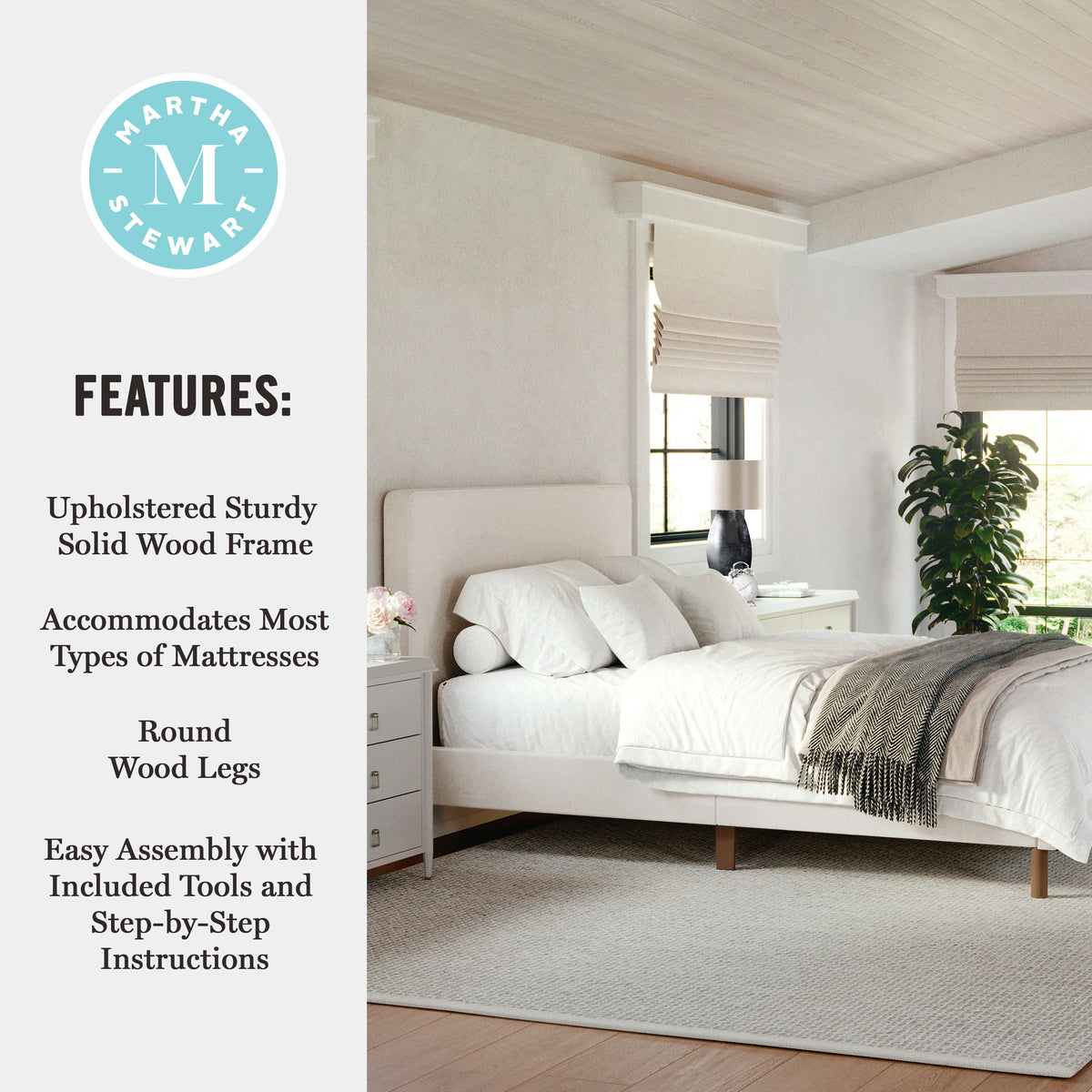 Beige Fabric/Walnut Legs,Full |#| Faux Linen Upholstered Full Size Platform Bed with Piped Headboard in Beige