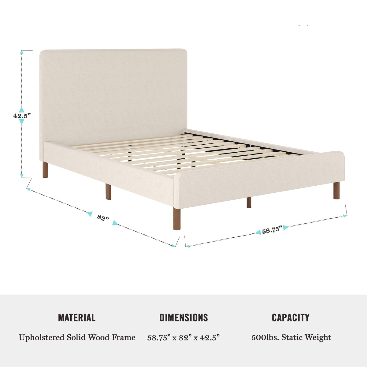 Beige Fabric/Walnut Legs,Full |#| Faux Linen Upholstered Full Size Platform Bed with Piped Headboard in Beige