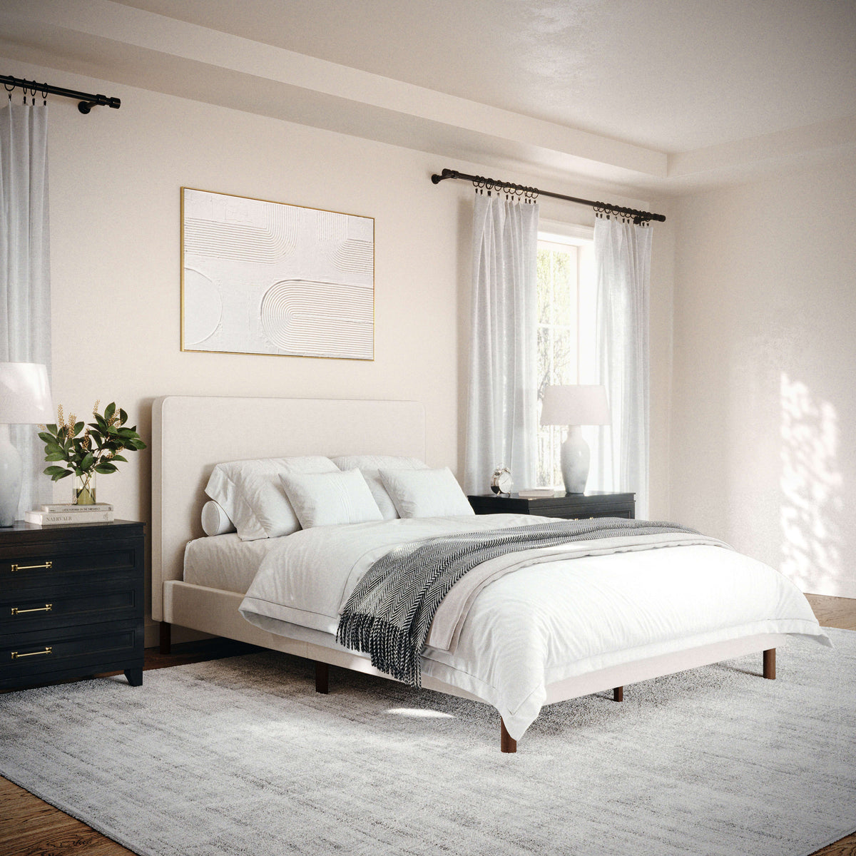 Beige Fabric/Walnut Legs,Full |#| Faux Linen Upholstered Full Size Platform Bed with Piped Headboard in Beige