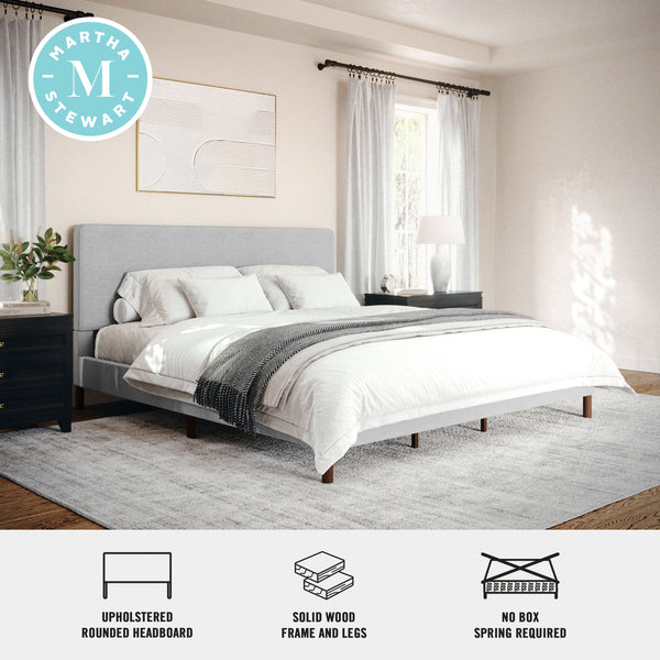 Gray Fabric/Walnut Legs,King |#| Faux Linen Upholstered King Size Platform Bed with Piped Headboard in Gray