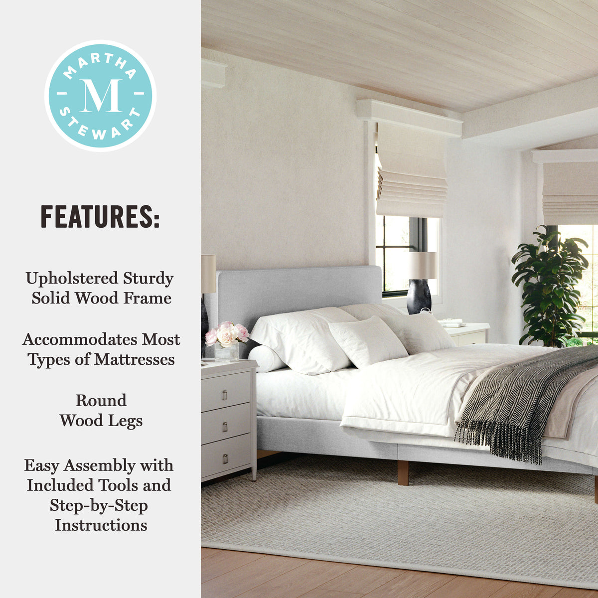 Gray Fabric/Walnut Legs,King |#| Faux Linen Upholstered King Size Platform Bed with Piped Headboard in Gray