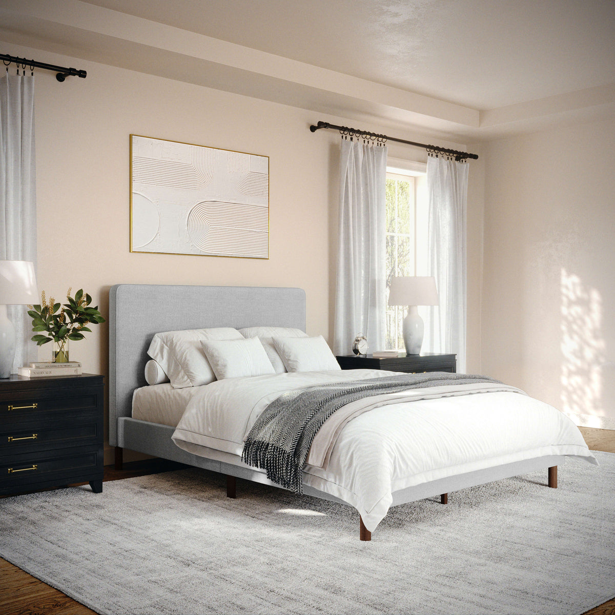 Gray Fabric/Walnut Legs,Full |#| Faux Linen Upholstered Full Size Platform Bed with Piped Headboard in Gray