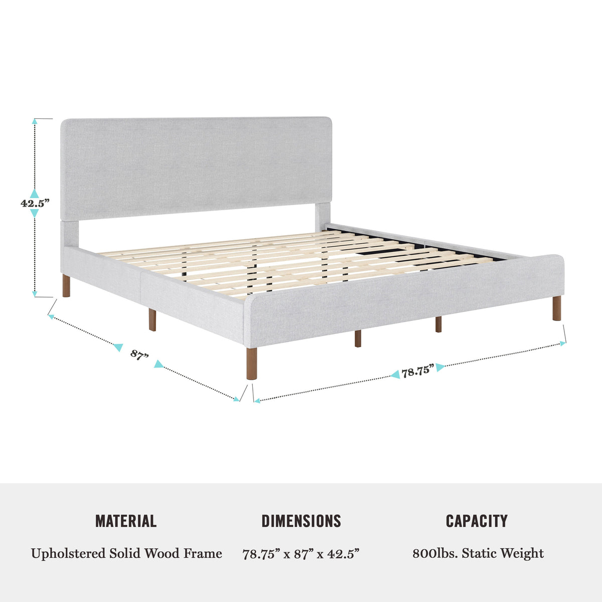 Gray Fabric/Walnut Legs,King |#| Faux Linen Upholstered King Size Platform Bed with Piped Headboard in Gray