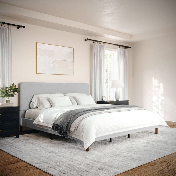 Gray Fabric/Walnut Legs,King |#| Faux Linen Upholstered King Size Platform Bed with Piped Headboard in Gray