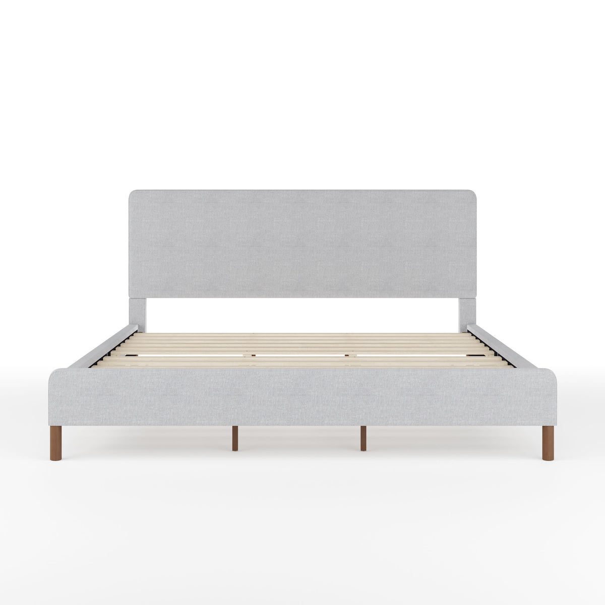 Gray Fabric/Walnut Legs,King |#| Faux Linen Upholstered King Size Platform Bed with Piped Headboard in Gray