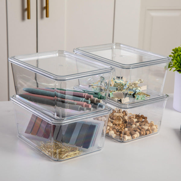 Premium 6.75" x 5" Clear Plastic Storage Boxes with Lids - Set of 4