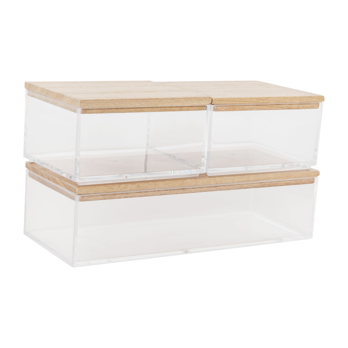 Clear/Light Natural |#| Premium Clear Plastic Storage Bins - Lt Natural Paulownia Wood Lids-2-SM/1-MED