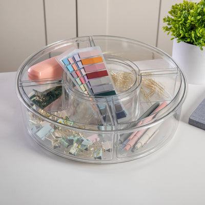 Brody Divided Lazy Susan Organizer with 5 Removable Bins, Plastic 360° Rotating Desk Storage Organizer