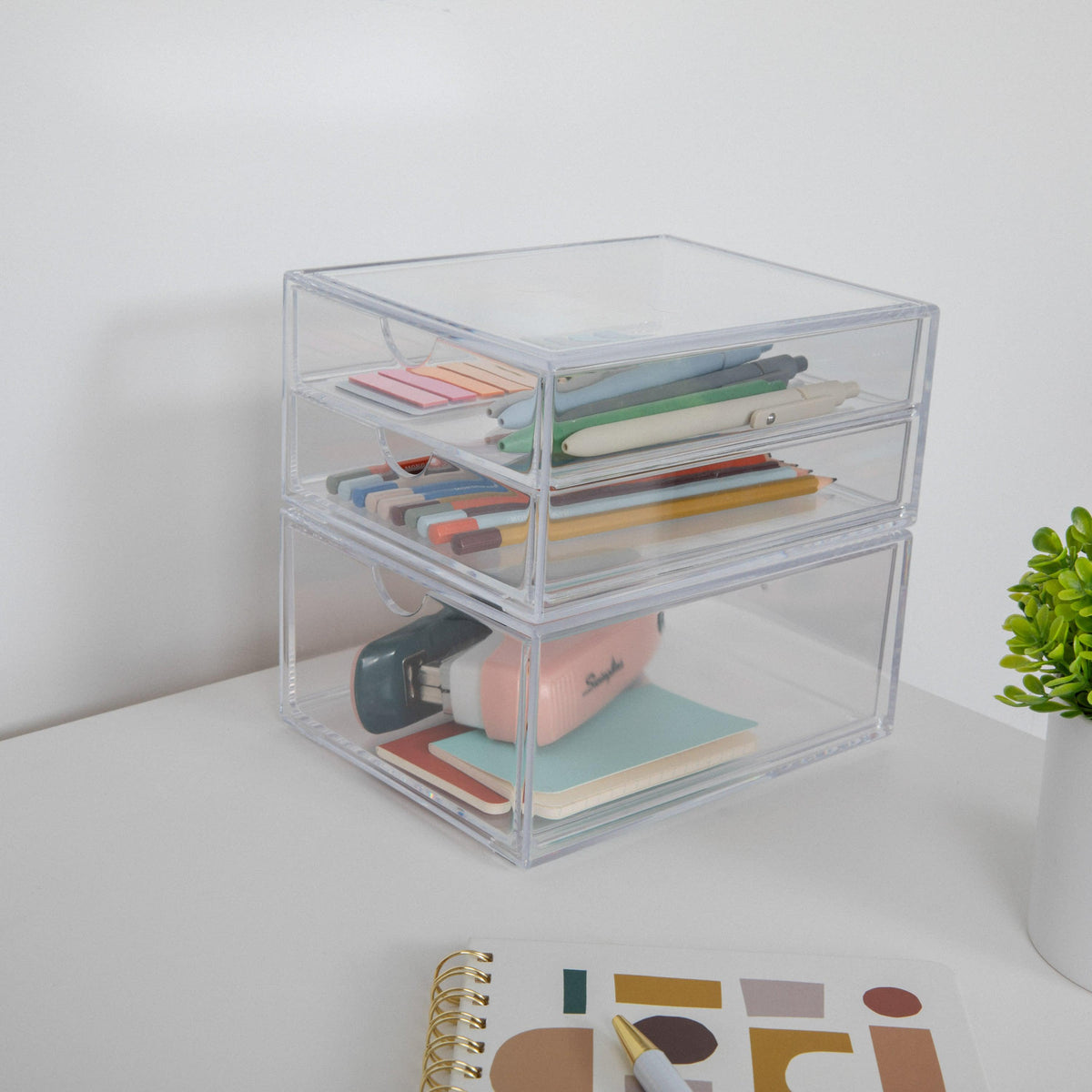 Set of 2 Clear Plastic Desktop Storage Boxes - 1 Single Drawer - 1 Double Drawer