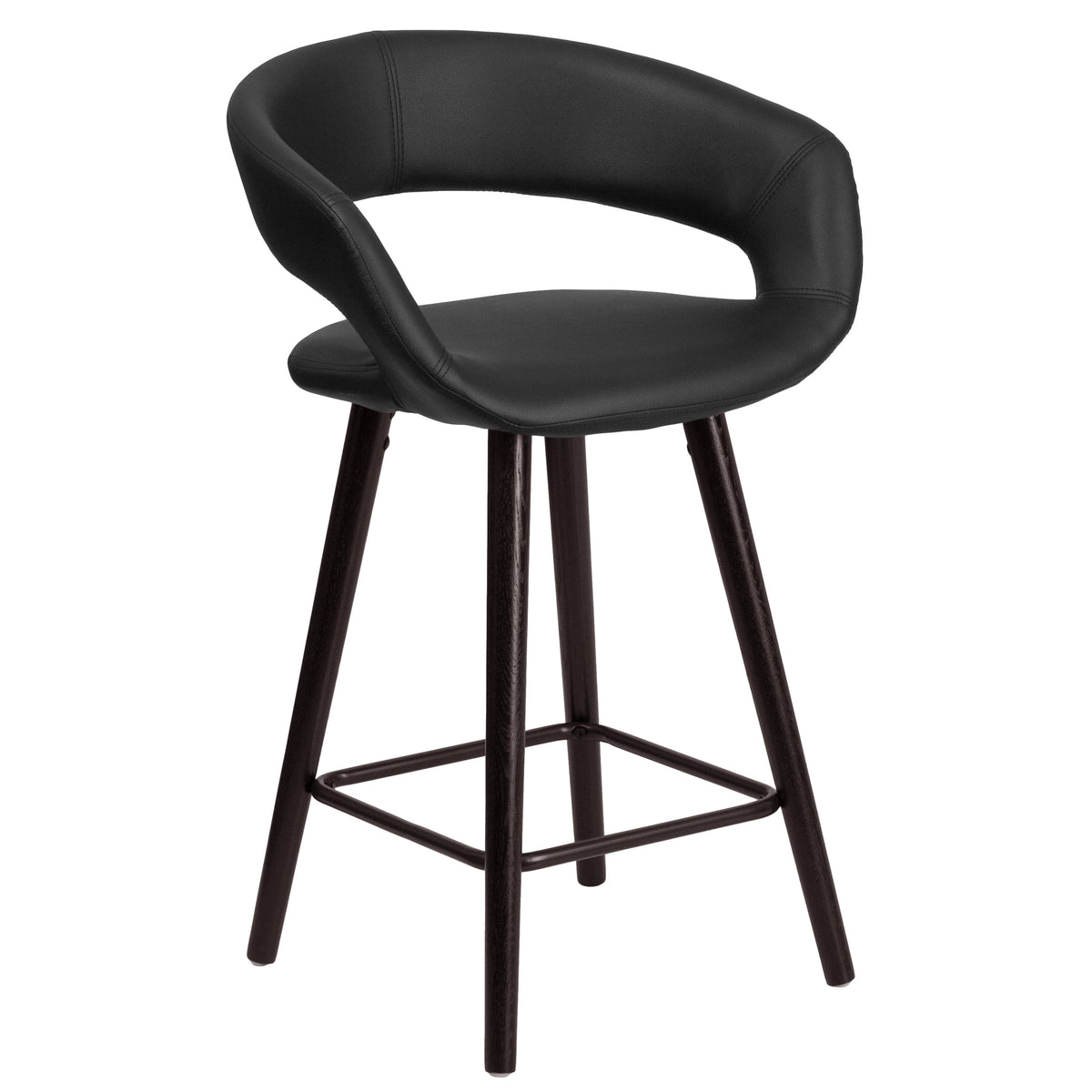 Black |#| 24inch High Cappuccino Wood Rounded Open Back Counter Height Stool in Black Vinyl
