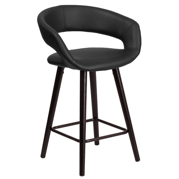 Black |#| 24inch High Cappuccino Wood Rounded Open Back Counter Height Stool in Black Vinyl